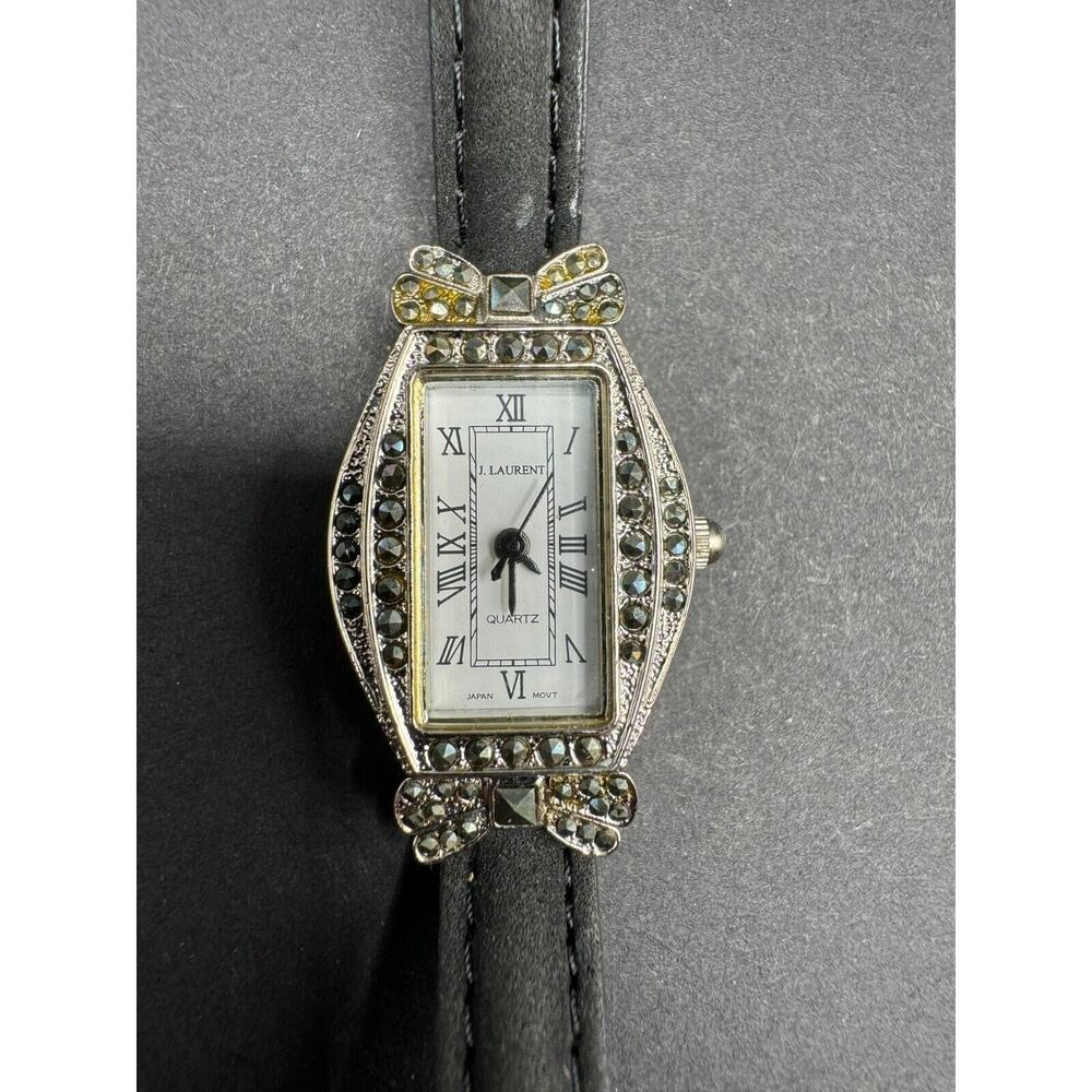 J. Laurent Quartz Watch Women Silver Tone W/ Marcasite Stone Black Leather Band